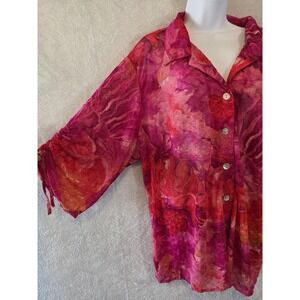 EUC Stonebridge Blouse Women 2X Pink Floral Sheer Button Coastal Vacation Summer